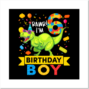 6 Year Old Dinosaur Building Blocks 6Th Birthday Boy Posters and Art